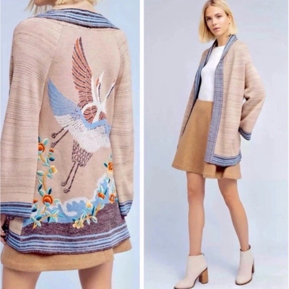 Anthropologie Sweaters - Anthropologie HWR Rare Embroidered Crane Wool Blend Kimono Cardigan XS
